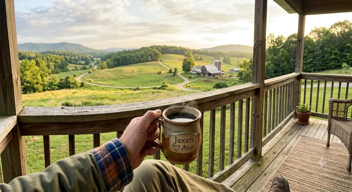 Morning coffee on a porch overlooking green hills, from a mug that reads Jaxen and Ava